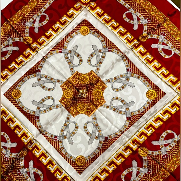 Womens Italian Silk Scarf Rich Red Gold White 100% Silk Italian 34X35 - Picture 1 of 6